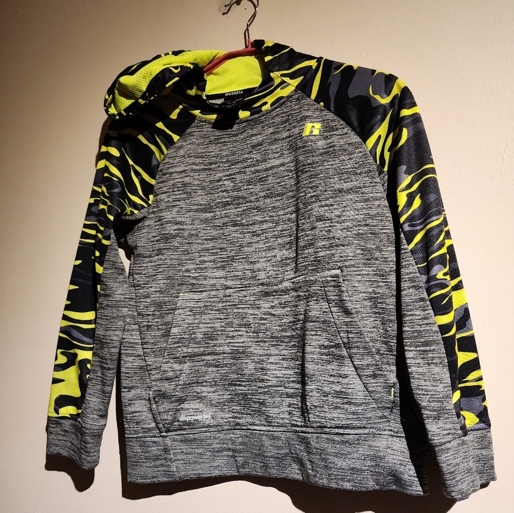 Russell Kids Gray and Green Camouflage Athletic Pullover Performance Hoodie.